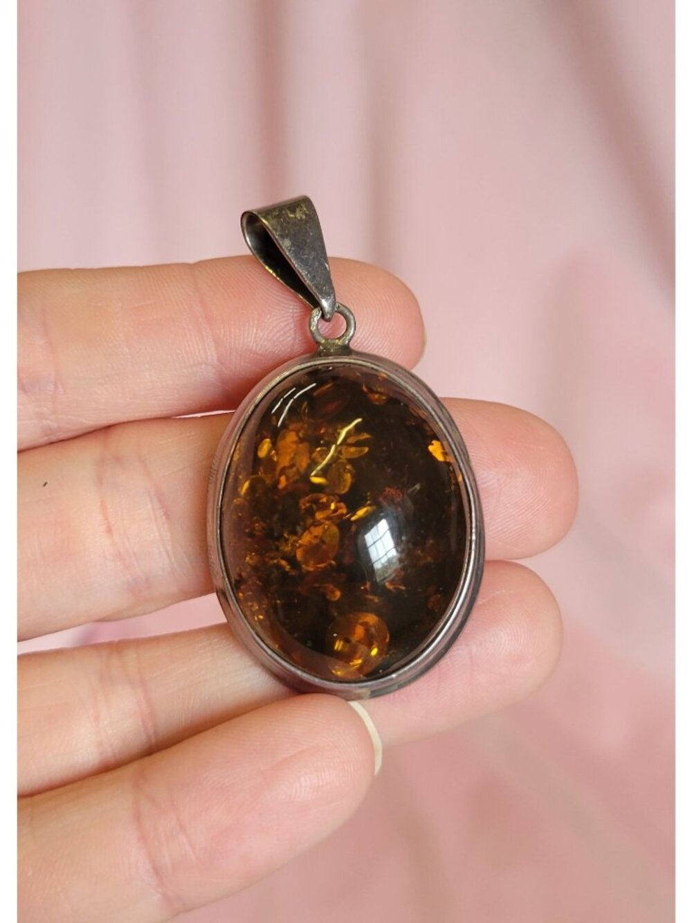 Silver tone Amber Look Oval Cabochon Pendant CP1